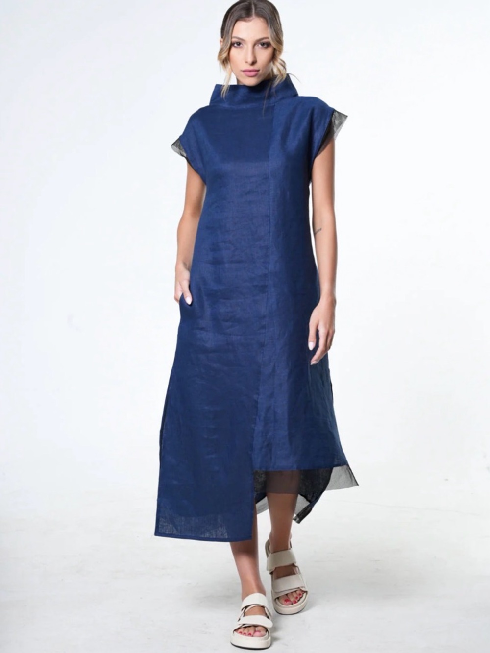 NWT Metamorphoza Asymmetrical Handmade Linen Dress in Blue w/ Cowl Neck Size XL